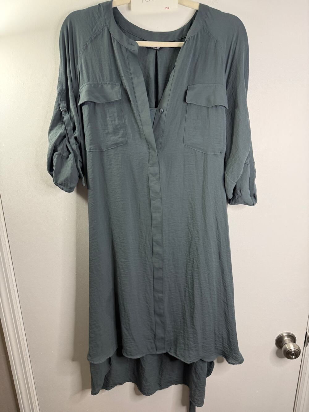 Simply Vera Vera Wang XL Utility Shirt Dress Blue Gray High Low Roll Tab NWT
